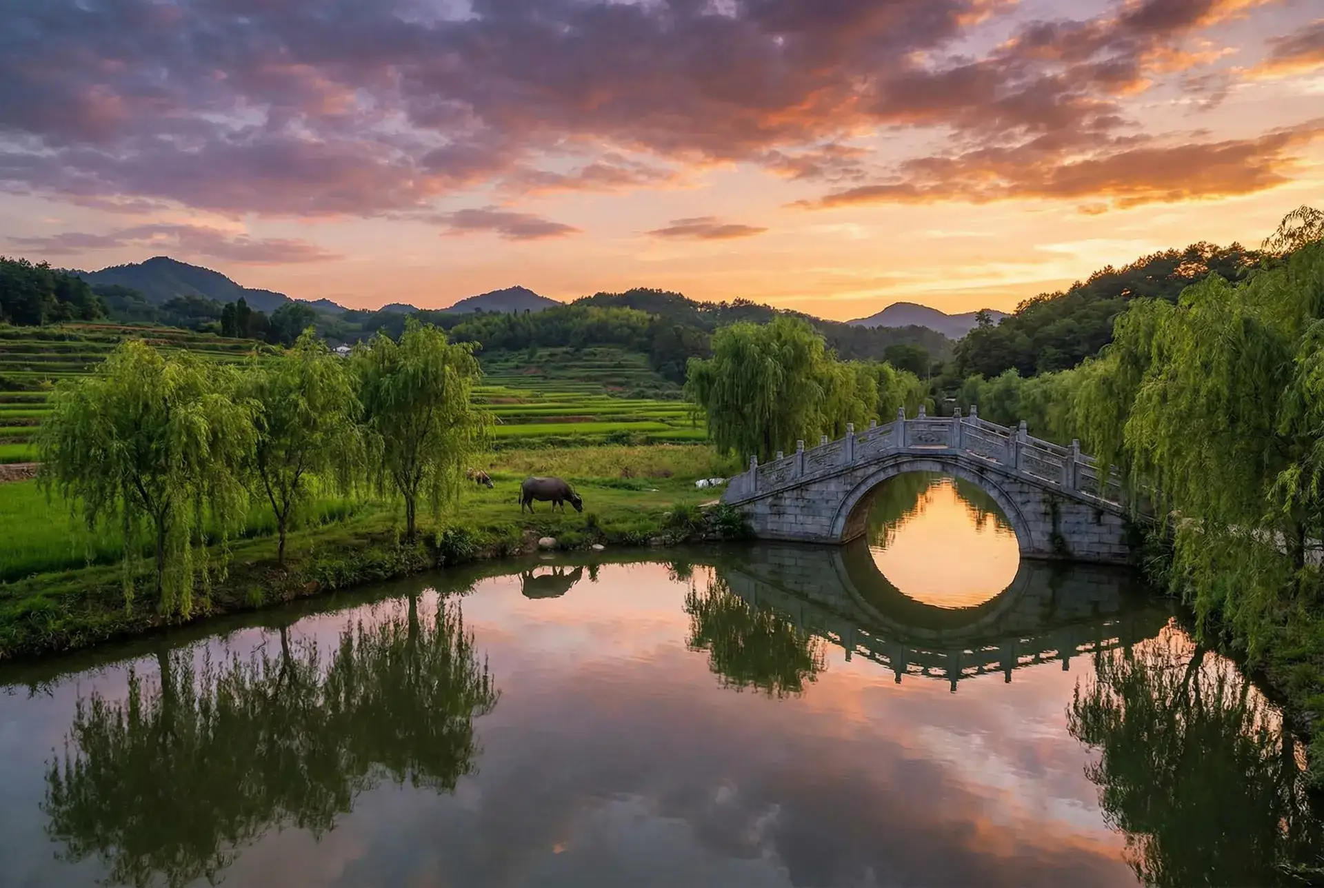 夕阳下的石拱桥与垂柳，水牛在河边吃草 - 先生我可以上你吗手机完整版 乡村美景
